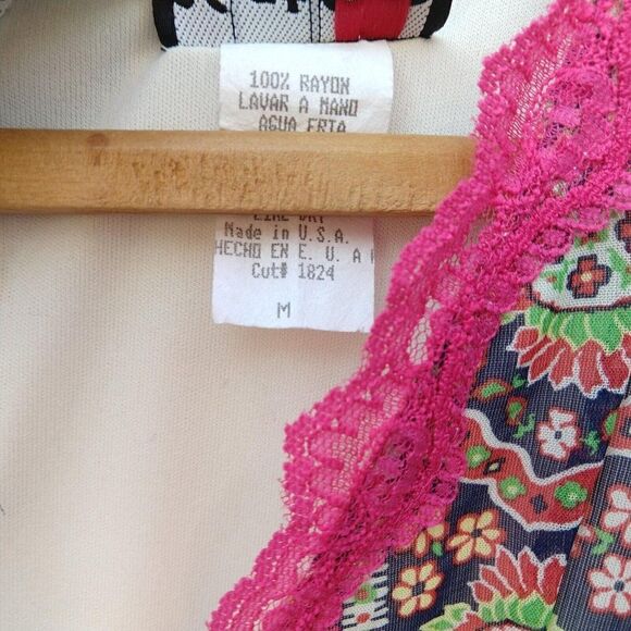 Vtg 90s Y2K Surplice Sheath Dress Size M V Neck Mesh Paisley Print Lace Pink - Picture 6 of 8